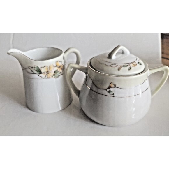 Nippon Hand-Painted Floral with Gold Trim Sugar Bowl & Creamer Set - Picture 2 of 13